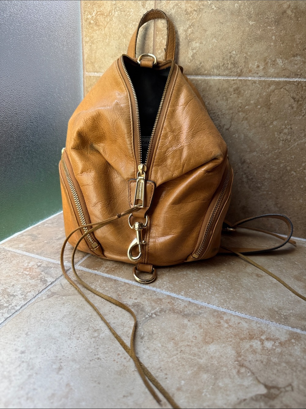 Rebecca Minkoff Julian Leather Backpack Camel  Golden Tan 12x9x4.5” Preowned